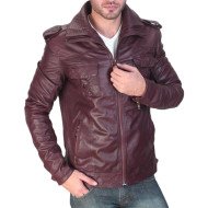 Men's Double Collar Casual Maroon Leather Jacket