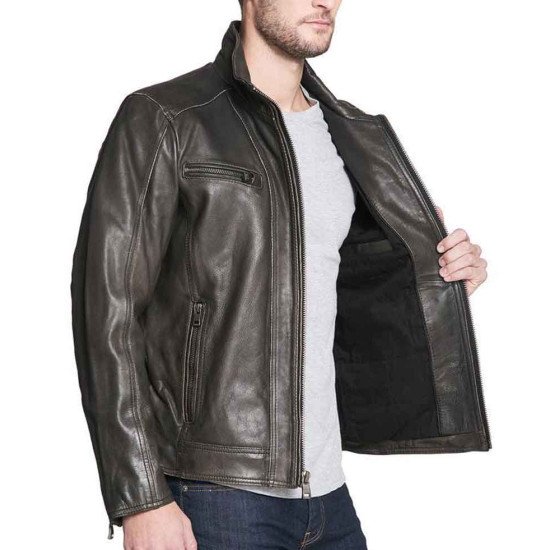 Men's Faded-Seam Cycle Vintage Leather Dark Brown Jacket