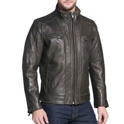 Men's Faded-Seam Cycle Vintage Leather Dark Brown Jacket