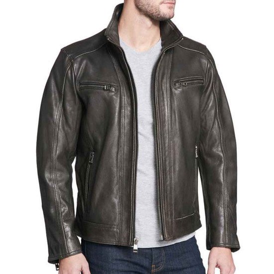 Men's Faded-Seam Cycle Vintage Leather Dark Brown Jacket