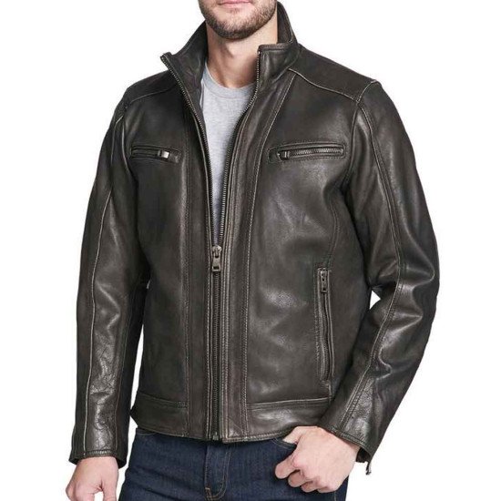 Men's Faded-Seam Cycle Vintage Leather Dark Brown Jacket