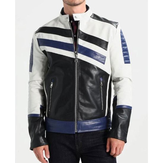 Men's FJM291 White Black and Blue Designer Leather Jacket