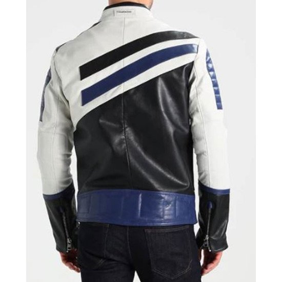 Men's FJM291 White Black and Blue Designer Leather Jacket