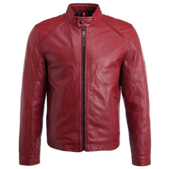 Mens FJM304 Black Zipper Simple Red Leather Jacket - Films Jackets