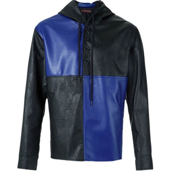 Men's FJM375 Casual Black and Blue Leather Hoodie