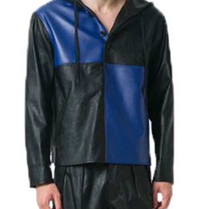 Men's FJM375 Casual Black and Blue Leather Hoodie