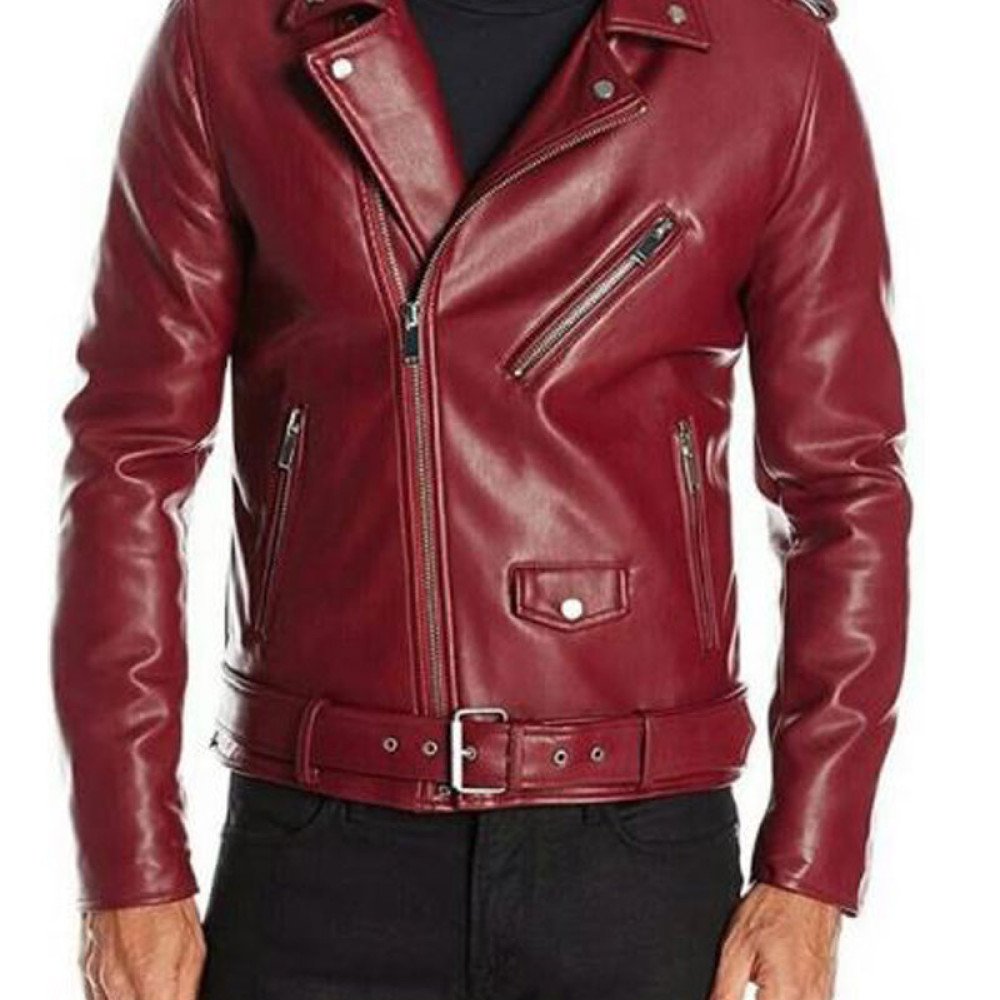 Men's FJM493 Biker Asymmetrical Red Leather Jacket - Films Jackets