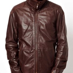 Men's High Neck Collar Brown Leather Jacket