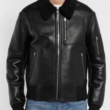 Men's MA 1 Bomber Black Leather Jacket with Fur Collar