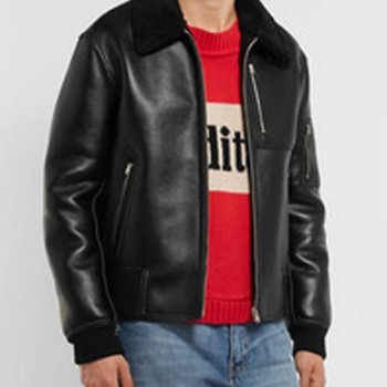 Men's MA 1 Bomber Black Leather Jacket with Fur Collar