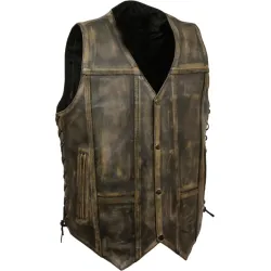 Men's Side Lace Distressed Brown Leather Motorcycle Vest