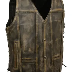 Men's Side Lace Distressed Brown Leather Motorcycle Vest