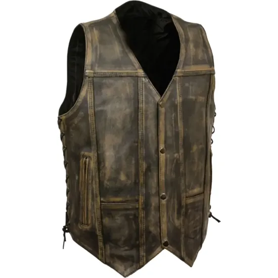 Men's Side Lace Distressed Brown Leather Motorcycle Vest