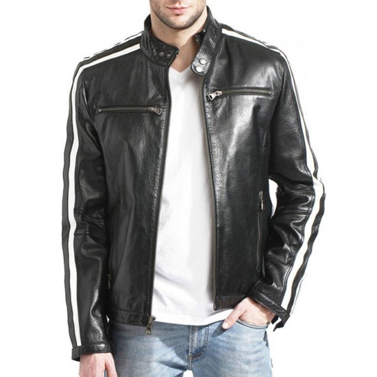 Men s Moto Racer Style White Striped Leather Jacket