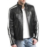 Men's Moto Racer Style White Striped Leather Jacket