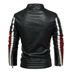 Men's Black White and Red Slim Fit Leather Biker Jacket 