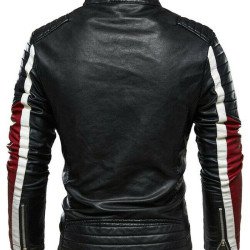 Men's Black White and Red Slim Fit Leather Biker Jacket 