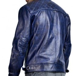 Men's Biker Cafe Racer Blue Quilted Leather Jacket