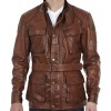 Men's Biker Belted Waxed Brown Leather Jacket