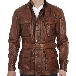 Men's Biker Belted Waxed Brown Leather Jacket