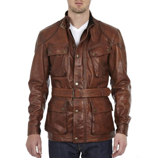 Chocolate Brown belted Leather shops Jacket M