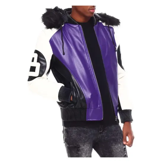 Mens Purple 8 Ball Hooded Bomber Jacket