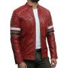 Men's Quilted Shoulders Motorcycle Red Leather Jacket