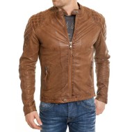 Men's Waxed Leather Quilted Shoulders Brown Motorcycle Jacket