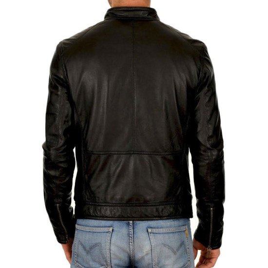 Men's Round Neck Snap Button Collar Leather Jacket