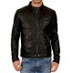 Men's Round Neck Snap Button Collar Leather Jacket