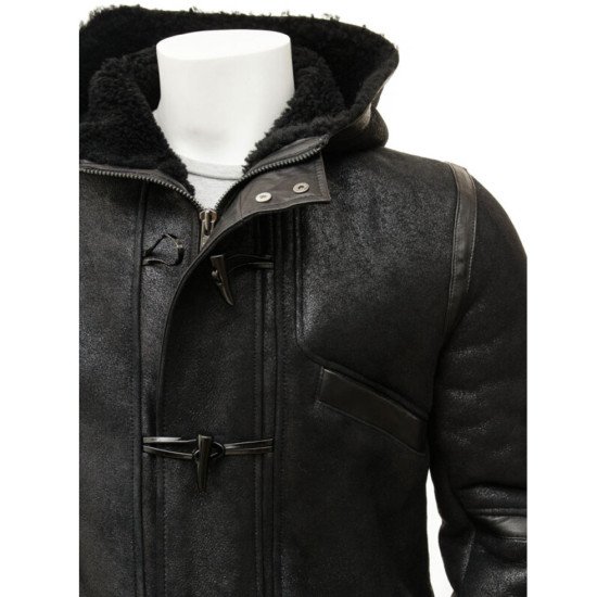 Men's Shearling Duffle Black Leather Coat with Hood