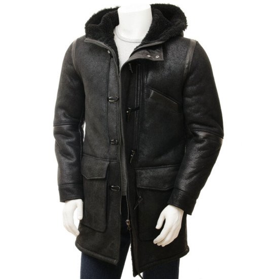 Men's Shearling Duffle Black Leather Coat with Hood