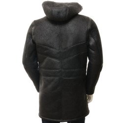 Men's Shearling Duffle Black Leather Coat with Hood