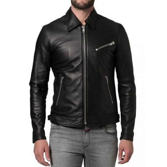 Shirt Collar Soft Lambskin Leather Jacket for Men