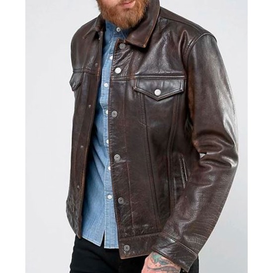 Men s Shirt Style Buff Rustic Brown Leather Trucker Jacket