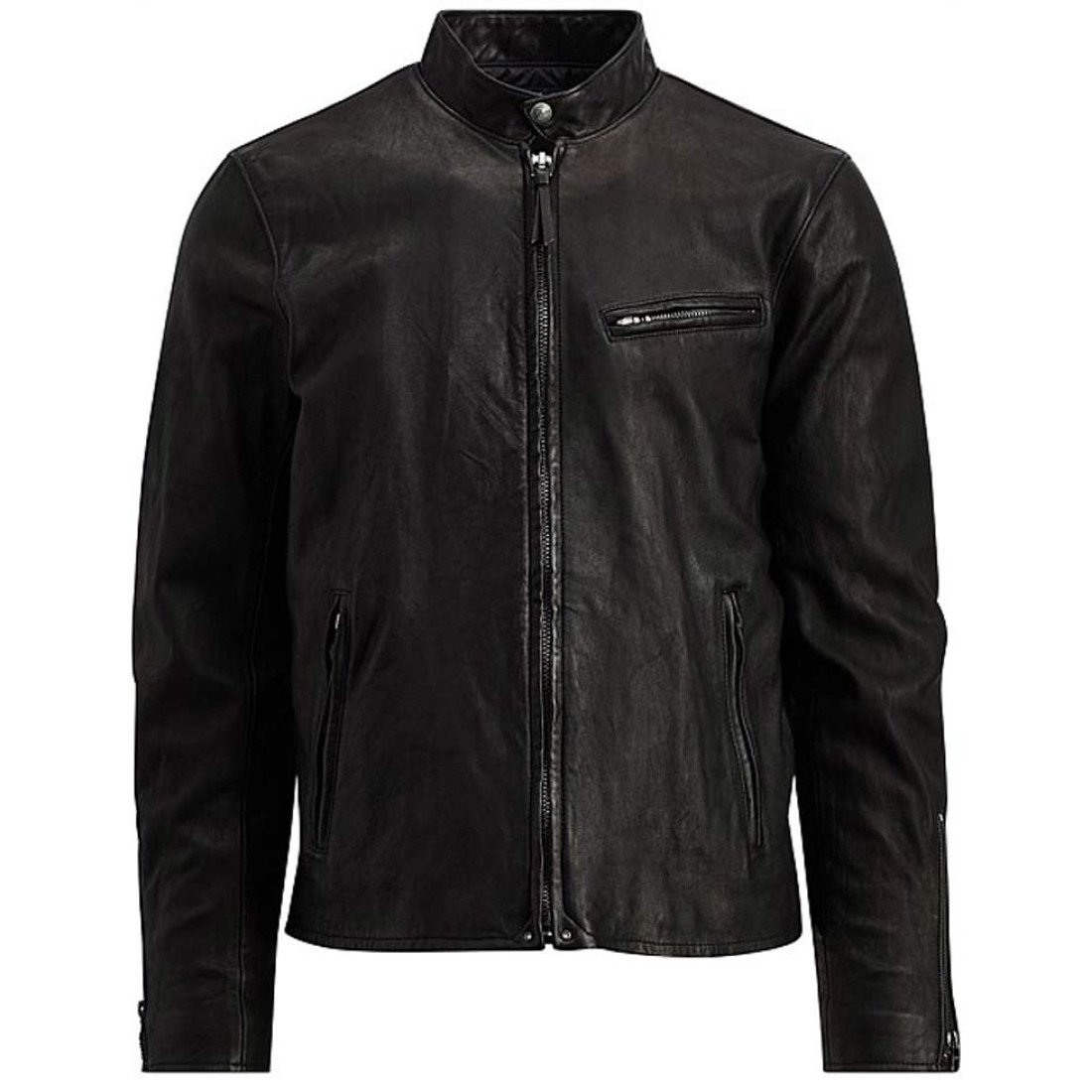 Mens Biker Snap Tab Cafe Racer Black Leather Jacket - Films Jackets