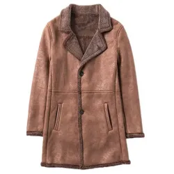 Men's Single Breasted Mid Length Shearling Brown Trench Coat