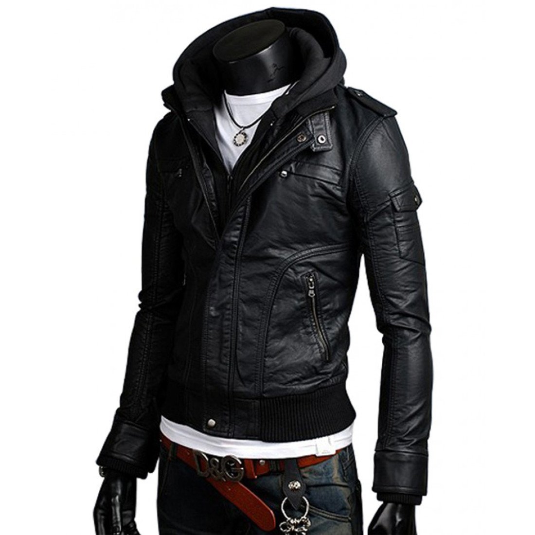 Men's Slim Fit Black Leather Jacket With Hoodie - FilmsJackets