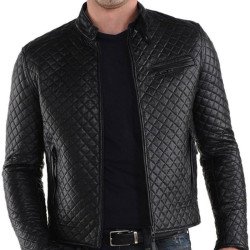 Men's Slim Fit Casual Wear Black Leather Quilted Jacket