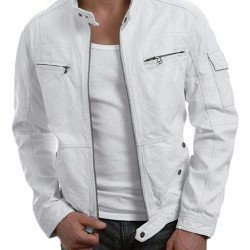 Men's Casual Slim Fit White Leather Biker Jacket