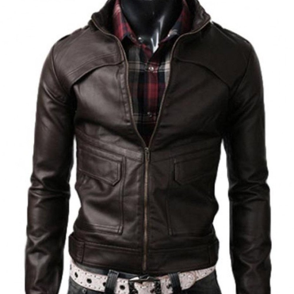 Men's Slim Fit Strap Collar Brown Leather Jacket - FilmsJackets