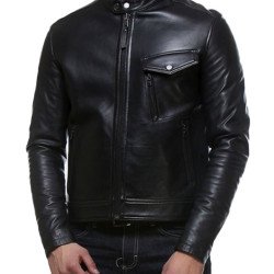 Men's Casual Snap Tab Collar Real Black Leather Jacket