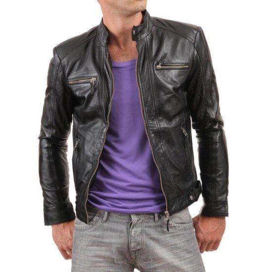 Men's Causal Snap Button Black Leather Jacket