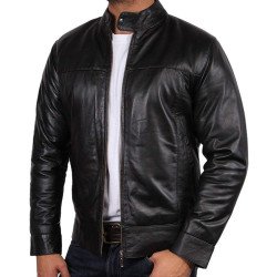 Men's Simple Look Snap Tab Collar Black Leather Jacket