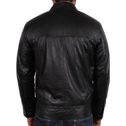 Men's Simple Look Snap Tab Collar Black Leather Jacket