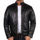 Men's Simple Look Snap Tab Collar Black Leather Jacket