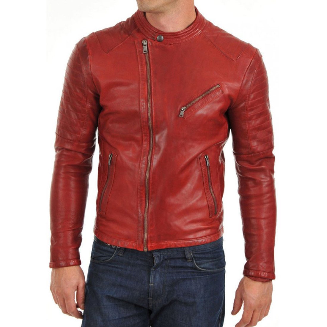 Mens Snap Tab Collar Asymmetrical Zipper Red Leather Biker Jacket Films Jackets 5066