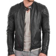 Men's Quilted Shoulder Design Snap Tab Collar Black Leather Jacket