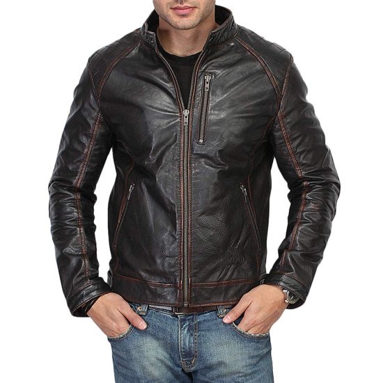 Men's Stand Collar Waxed Design Motorcycle Black Leather Jacket