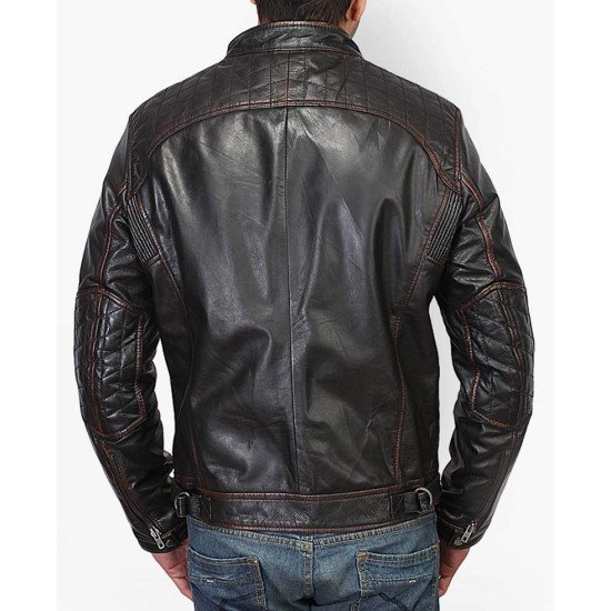 Men's Stand Collar Waxed Design Motorcycle Black Leather Jacket